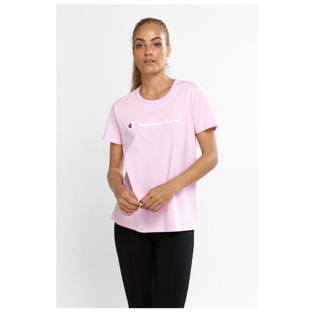 Pink Champion Script Graphic Crewneck Short Sleeve Tee L